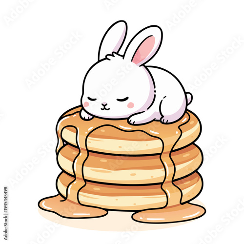 Sweet Cute Sleeping Rabbit on Stack of Pancakes Illustration