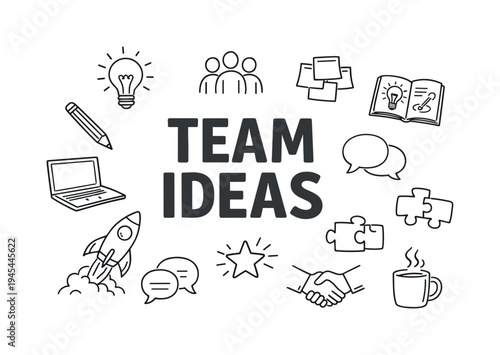 Professional team brainstorming workshop where colleagues gather ideas, sketch solutions and collaboratively develop innovative concepts for new projects. TEAM IDEAS central title surrounded