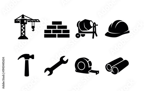 Building construction tools: crane tower, brick wall, cement mixer, construction helmet, hammer, wrench, measuring tape, blueprint roll