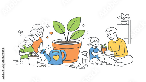 A family spending a peaceful afternoon caring for indoor plants and learning simple home gardening habits together in their living space, visual metaphor of a large flower pot with growing