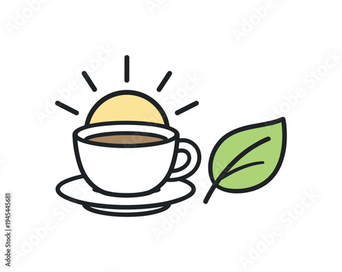 Healthy morning routine supporting physical energy and mental clarity for a productive start to the day, a simple sun rising above a small coffee cup beside a leaf symbolizing balance