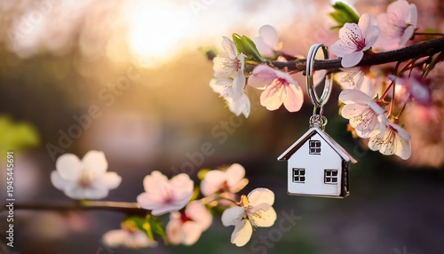 Wallpaper Mural a key ring with a house shape hangs on a blooming branch embodying home dreams keychain suggests new beginnings amidst spring blossoms real estate moving home or renting property concept Torontodigital.ca