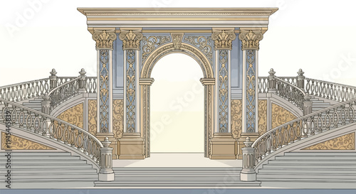 Ornate Archway, Grand Staircase, Baroque Architecture, Luxury Building Facade