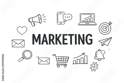 Digital marketing strategy and online promotion ecosystem representing modern business growth through social media engagement, analytics and targeted campaigns. MARKETING central title
