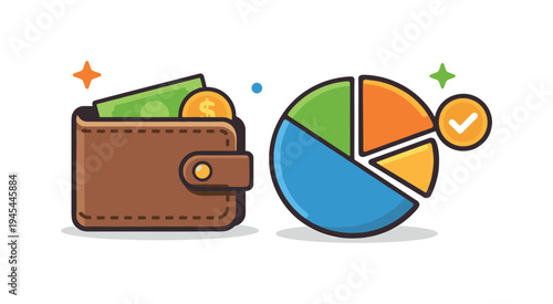 Personal budgeting and responsible money planning helping individuals maintain financial stability and control over expenses, a wallet beside a simple pie chart symbolizing balanced spending