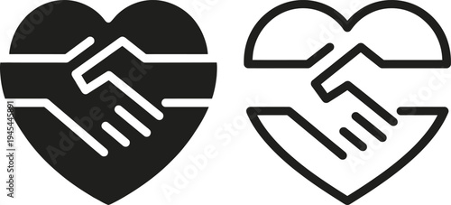 Handshake within heart shape icon in solid and outline styles symbolizing partnership trust agreement and collaborative love