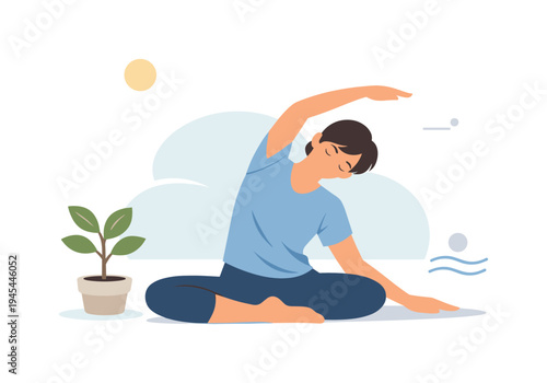 A modern wellness routine where a person practices mindful stretching to maintain physical health and reduce daily stress, representing healthy lifestyle habits and personal wellbeing