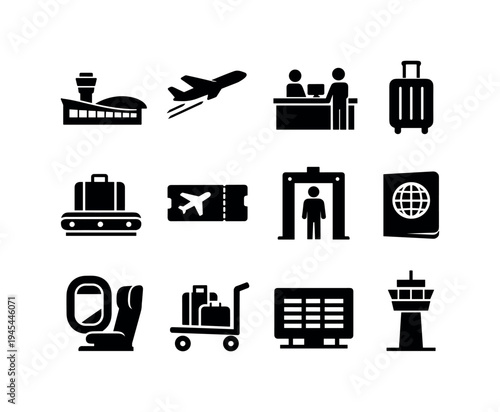 Airport travel process: airport terminal building, airplane taking off, check in counter desk, luggage suitcase, baggage conveyor belt, boarding pass ticket, security scanner gate, passport