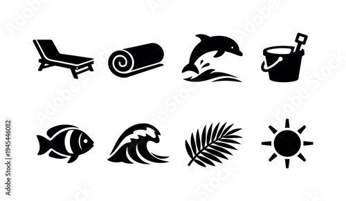 Beach summer relaxation: lounge chair, beach towel roll, sand bucket with shovel, dolphin jump, tropical fish, wave crest, coconut palm leaf, sun with rays