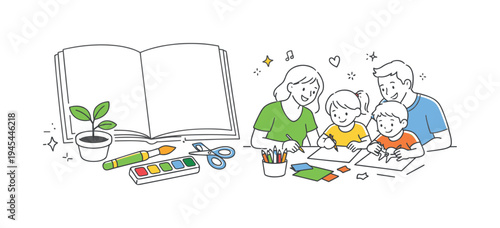 Parents helping children develop creative skills through a relaxed afternoon drawing and crafting activity at home together, visual metaphor of a large sketchbook placed beside simple art