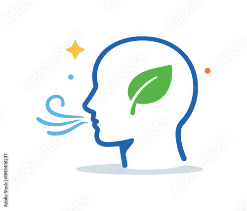 Mindful breathing and stress relief practices helping individuals regain calm focus and emotional balance during demanding daily routines, a calm human head silhouette with a small leaf and