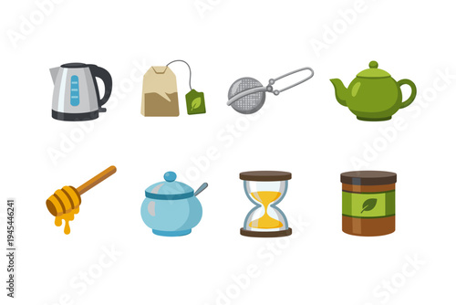 Collection of tea time icons including kettle, tea bag, strainer, teapot, honey, sugar, hourglass, and tea leaves