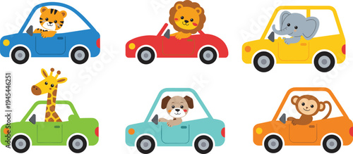 Cute cartoon animals driving colorful cars, safari wildlife characters, kids transportation illustration, playful nursery design concept