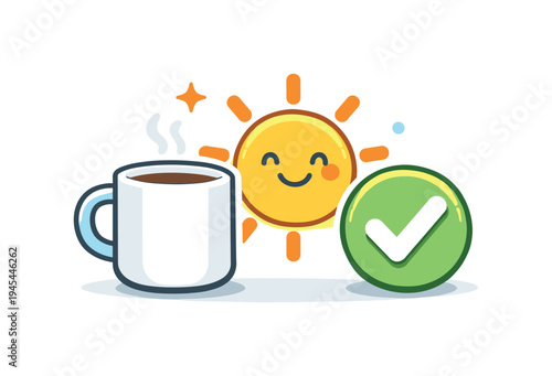 Healthy morning routine supporting productivity focus and positive daily energy in a balanced lifestyle, a simple coffee cup placed beside a small sun and a check mark representing readiness