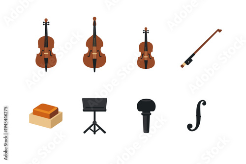 Collection of musical instruments and accessories for string and vocal performance