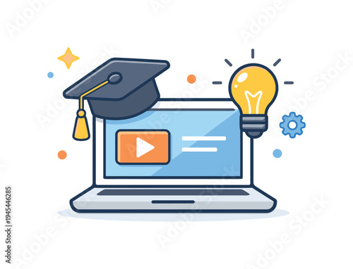 Online learning and professional development through modern digital education platforms enabling accessible knowledge growth and career advancement, a laptop paired with a graduation cap and