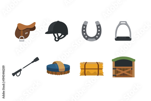 Collection of equestrian equipment and supplies for horse care and riding