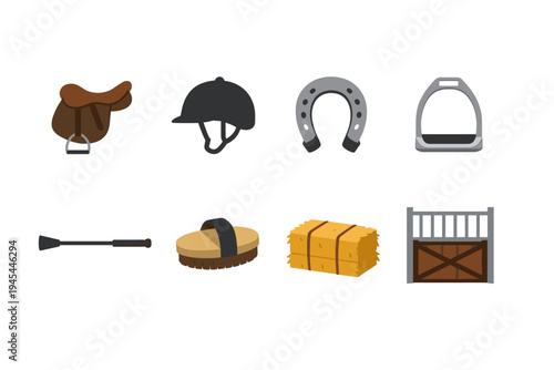 Collection of equestrian equipment and stable elements on a white background