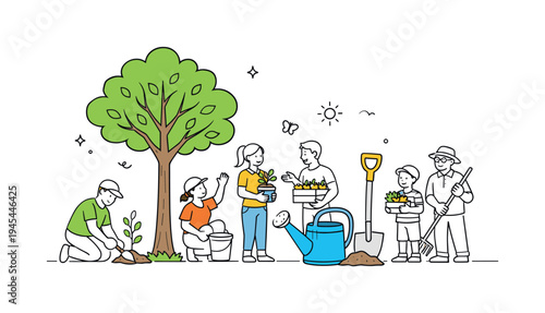 Residents organizing a neighborhood effort to restore a small urban park and bring more greenery into their community environment, visual metaphor of a large young tree beside a watering can