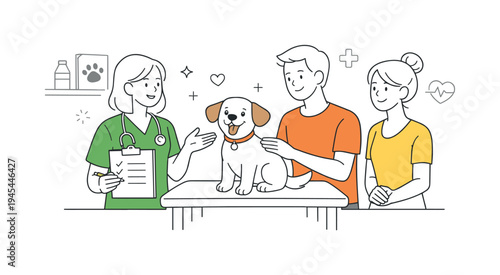 A veterinarian consulting with a pet owner during a routine health check at a modern animal clinic, gathered around a small examination table with a friendly dog and a simple medical