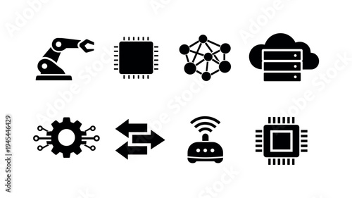 Artificial intelligence automation: robotic arm, microchip, neural network nodes, cloud server, gear with circuit lines, data flow arrows, smart sensor, processor chip