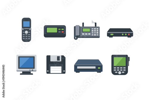 Collection of vintage and modern communication and electronic devices icons