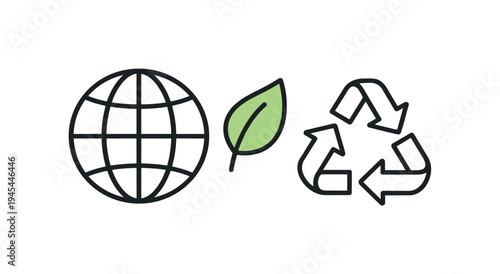 Environmental sustainability and responsible resource awareness in everyday lifestyle choices, a simple globe shape beside a small leaf and a recycling arrow symbolizing ecological