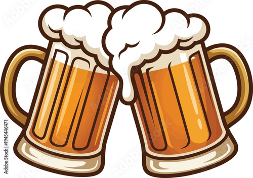 Two frosty beer mugs clinking together toasting celebration with foamy head and amber liquid