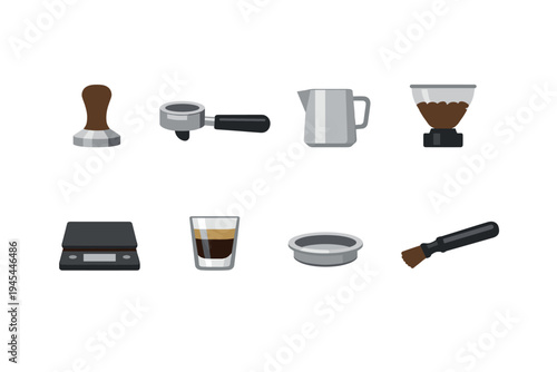 Collection of essential tools for making espresso and coffee drinks at home