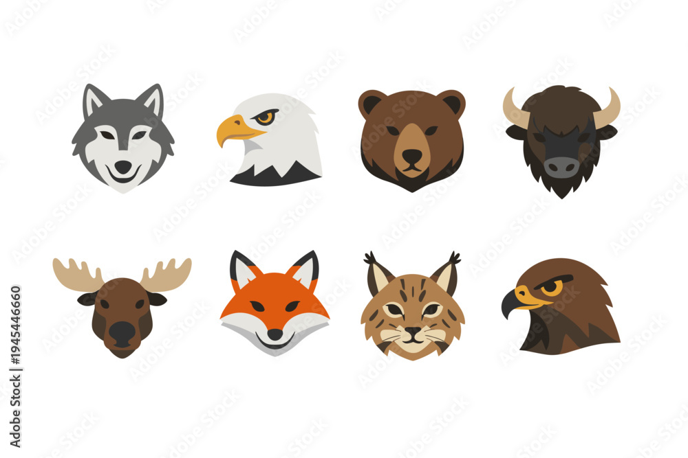 Fototapeta premium Collection of stylized North American wildlife animal heads in a flat design style
