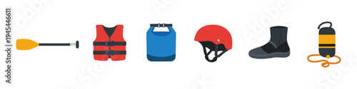 Collection of water sports equipment including a paddle, life vest, dry bag, helmet, boot, and float