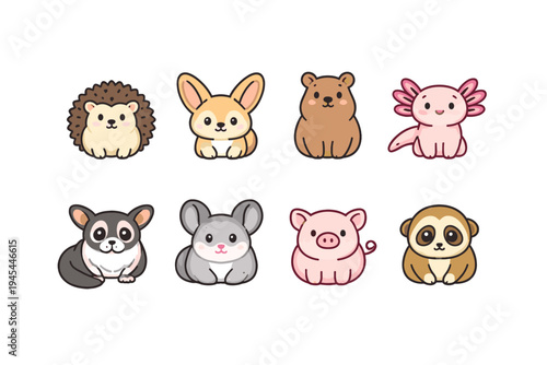 Collection of cute cartoon animals including a hedgehog, rabbit, bear, axolotl, sugar glider, mouse, pig, and slow loris