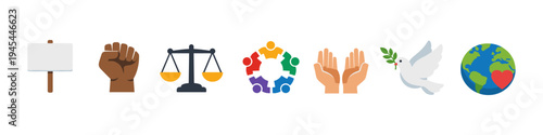 Symbols of justice, equality, peace, and global unity displayed together