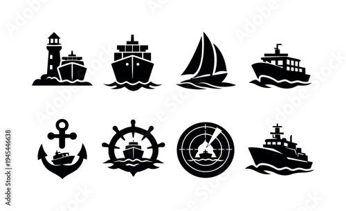 Maritime navigation ships: lighthouse with ship, cargo ship front view, sailboat with wind, harbor ferry boat, patrol coast guard ship, anchor with boat silhouette, ship steering wheel with