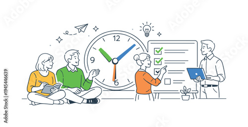A small group of professionals reviewing personal productivity habits and improving daily focus during a calm work planning moment, gathered around a large clock beside a checklist board