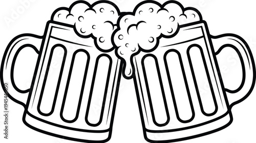 Stylized line drawing of two beer mugs clinking together toasting celebration with foamy head