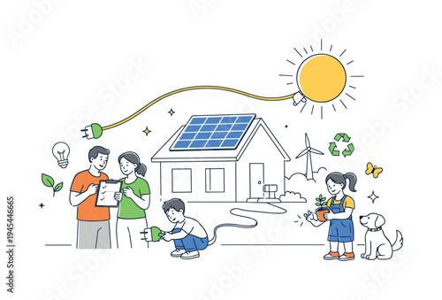 A family organizing a home energy upgrade to reduce electricity use and adopt environmentally responsible habits in everyday living, visual metaphor of a house connected to a bright sun and