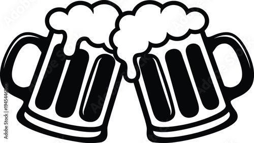 Silhouette of two beer mugs clinking together toasting celebration with foamy head