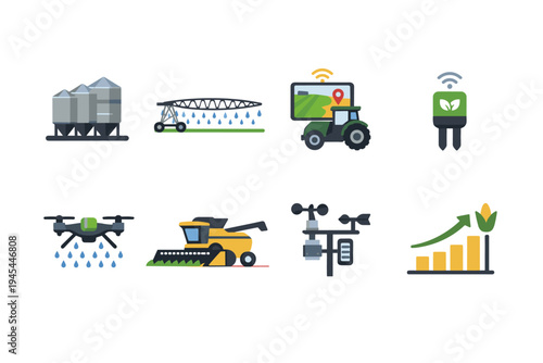Modern agriculture technology icons showcasing smart farming innovations and data analysis for crop growth