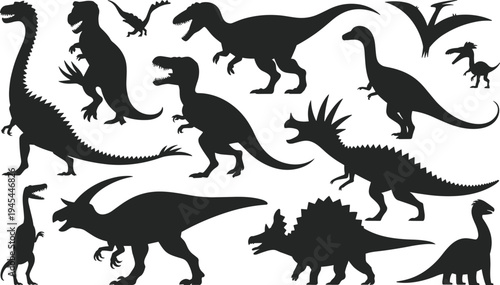 Dinosaur silhouettes collection, prehistoric reptiles set, Jurassic creatures illustration, fossil era animals, isolated black vector design