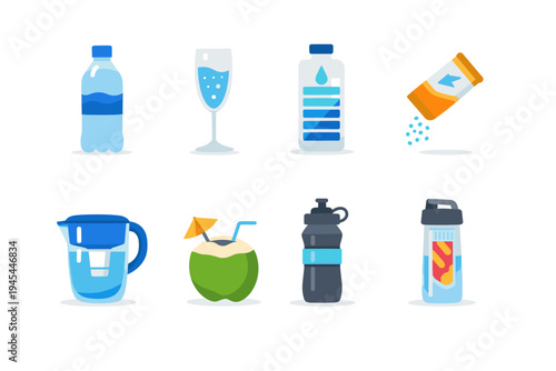Collection of various drinks and hydration containers, from water bottles to coconut