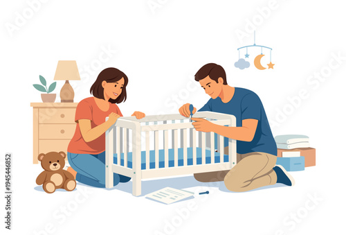 A family preparing their home for a new baby by organizing a cozy nursery space, representing parenting preparation and supportive family care for a growing household, visual metaphor of