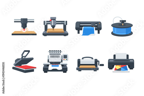 Collection of flat design icons representing various modern manufacturing and crafting machines
