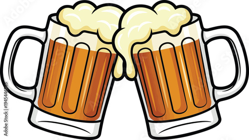 Two golden beer mugs with foamy head clinking together for a festive celebration toast