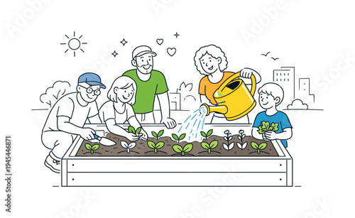 Neighbors collaborating to transform a small unused urban space into a thriving community garden where people grow vegetables and flowers together, visual metaphor of a large raised garden