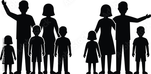 family silhouette set, parents with children group, happy family members together, mother father kids standing, isolated black family silhouettes