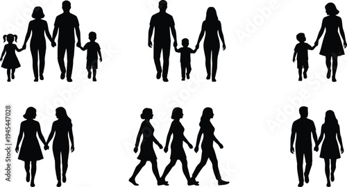 family walking silhouettes collection, parents and children holding hands, couple walking together, happy family people vector illustration set