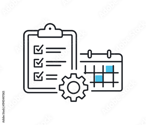 Project management and organized workflow coordination in a professional team environment focused on completing complex tasks efficiently, a simple clipboard with checklist beside a small