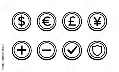 Payment coin symbols: coin with dollar symbol, coin with euro symbol, coin with pound symbol, coin with yen symbol, coin with plus sign, coin with minus sign, coin with checkmark, coin with