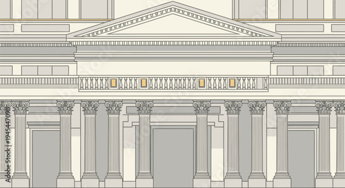 Classic building facade, ancient Greek architecture, columns and pediment, vector illustration, gray and gold
